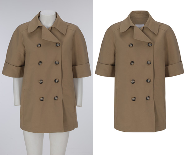 Apparel symmetrical manipulation showing coat shape correction and alignment for clean eCommerce product images.