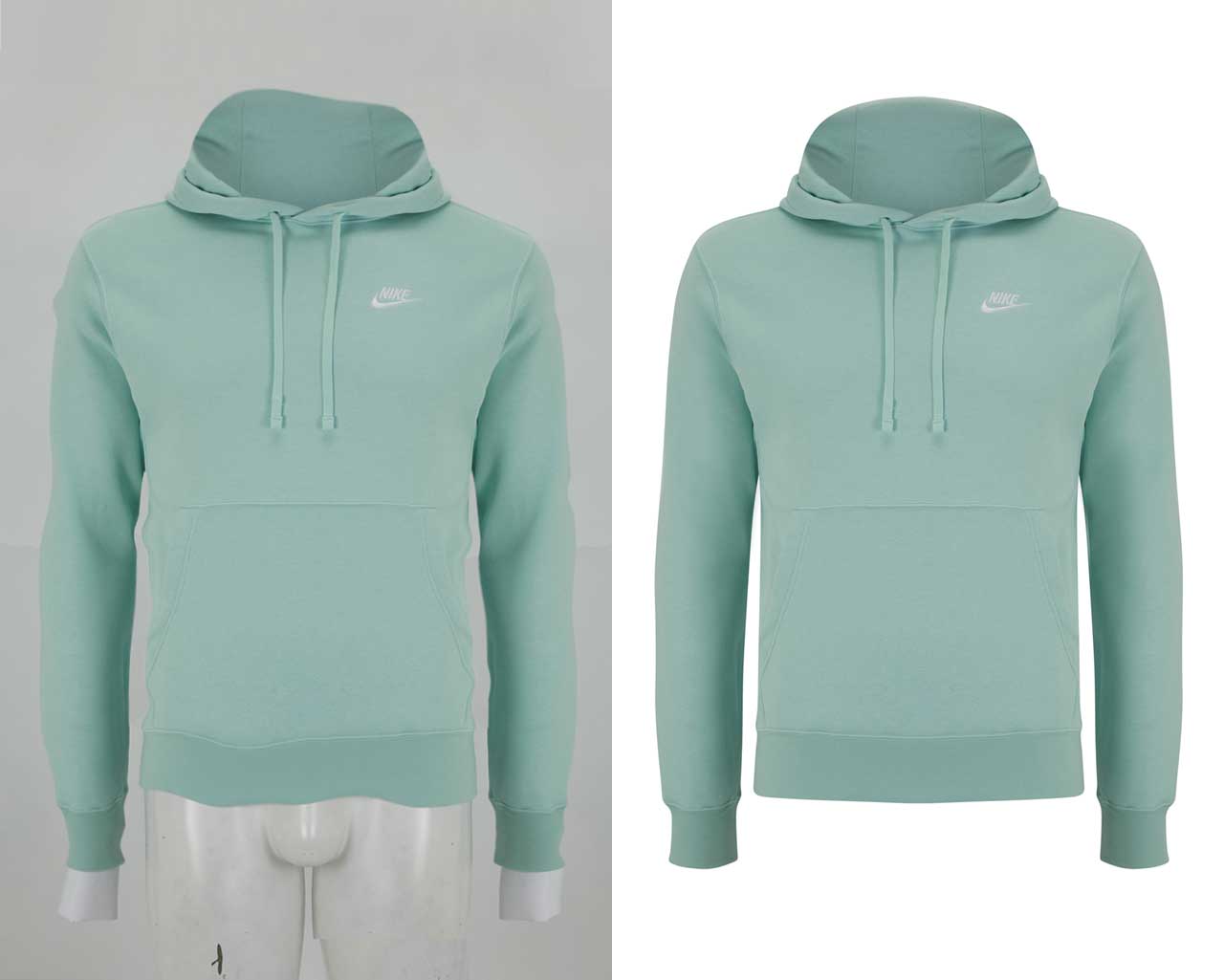 Apparel symmetry retouching for hoodie showing garment alignment and balanced shape for clean eCommerce images.