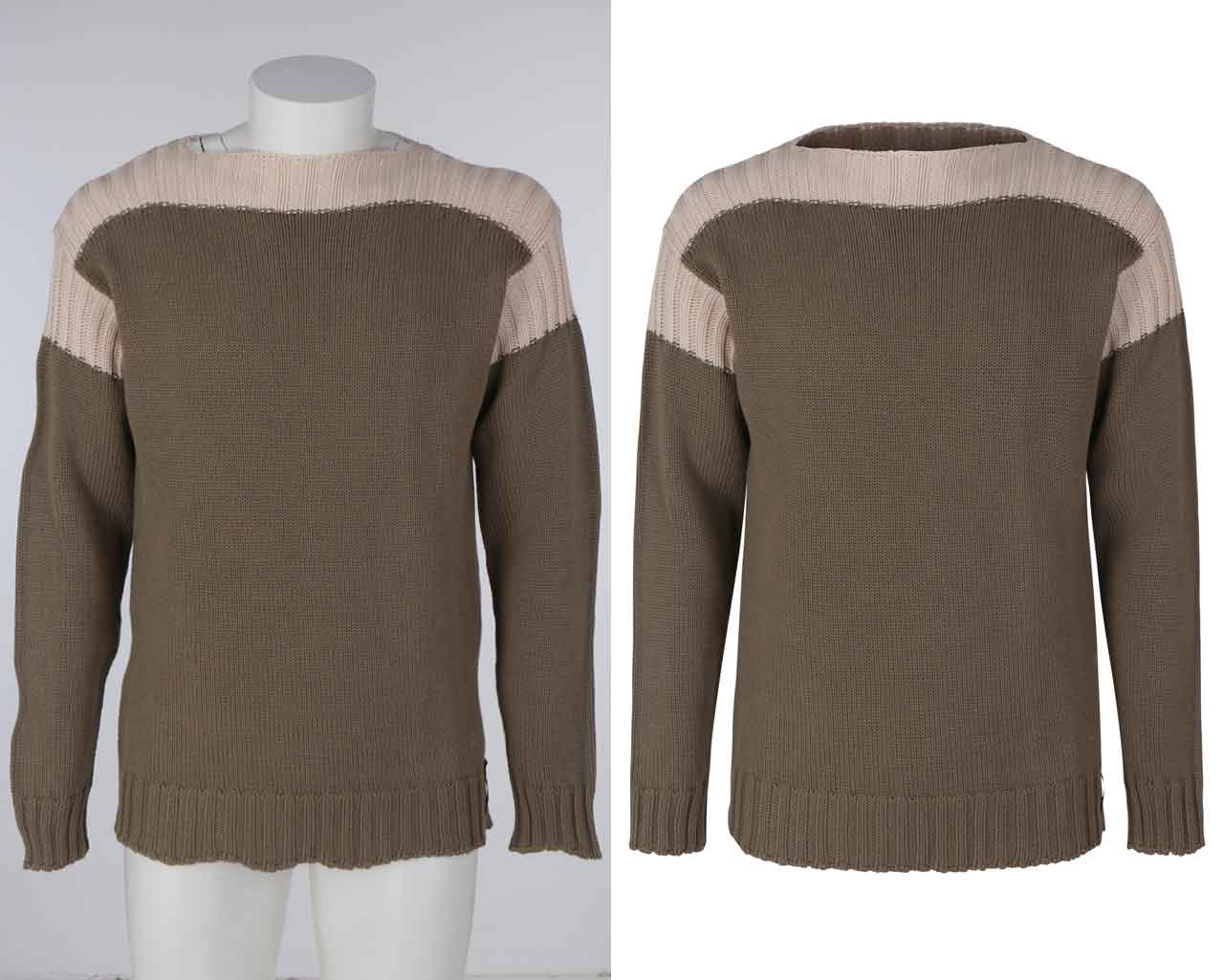 Ghost mannequin sweater editing with symmetrical manipulation showing clean garment shape for eCommerce images.