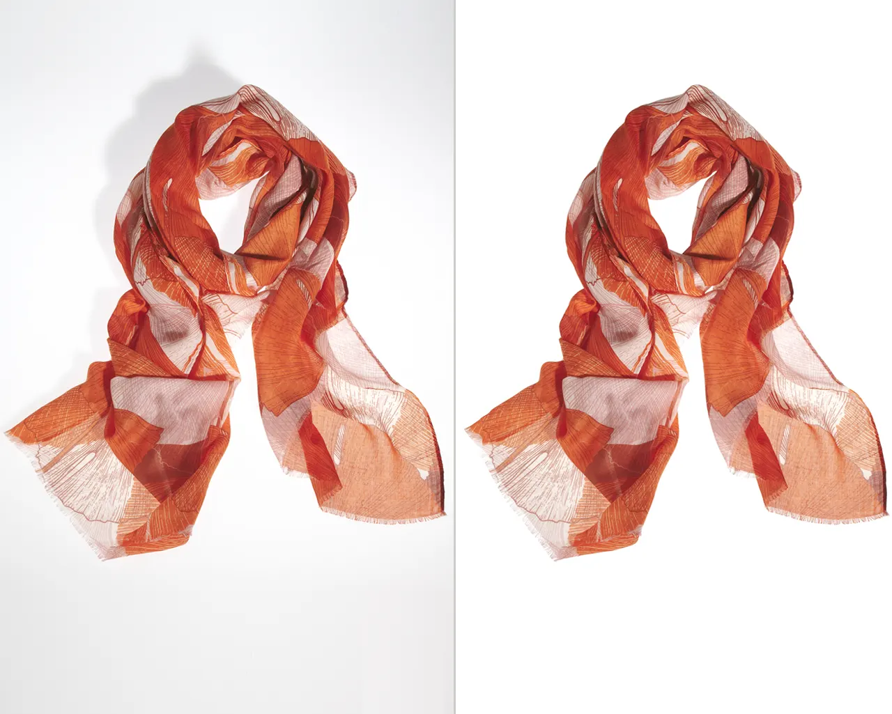 Clipping Path Plus Background Knockout Apparel clipping path on an orange printed scarf