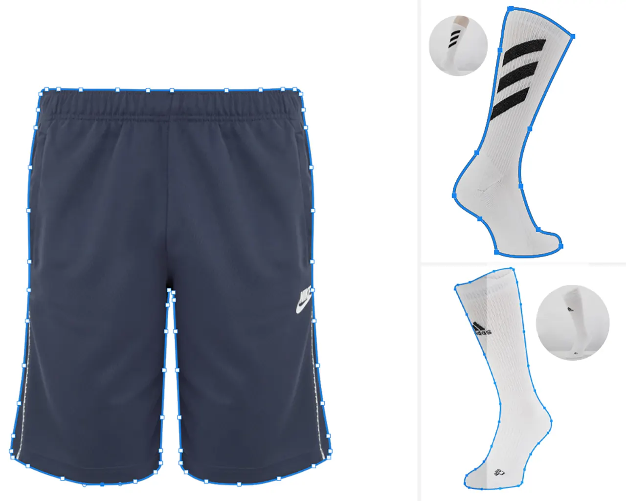 Paths for Bulk and Catalog Sets Apparel clipping path on navy shorts and white socks