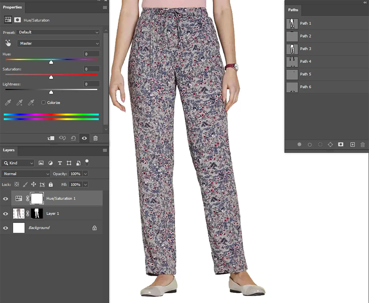 Paths for Color and Retouch Prep Apparel clipping path on floral print pants in Photoshop